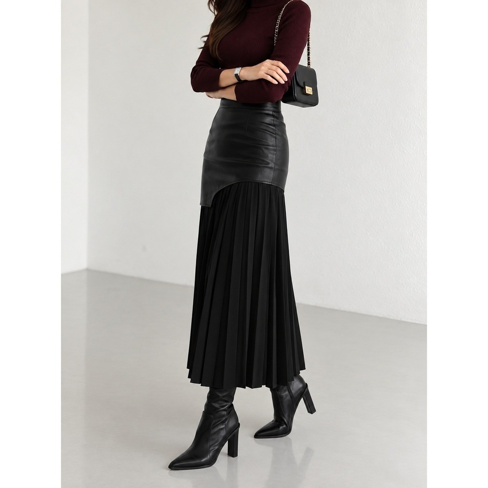 COMMENSE Black Faux Leather Chiffon Pleated Asymmetric Maxi Skirt US 8-10 L NWT - Picture 11 of 12